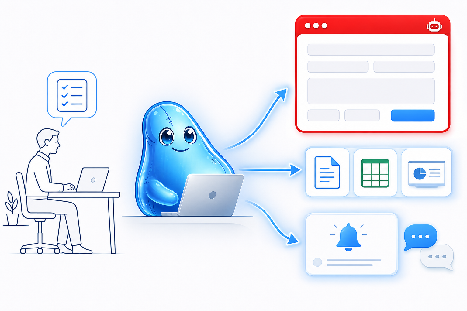 Der searchit AI Agent am Arbeitsplatz: links der Benutzer mit seinem Auftrag, in der Mitte der Agent, rechts sein eigenes, rot gekennzeichnetes Browser-Fenster, ein Word-Dokument und eine Benachrichtigung.