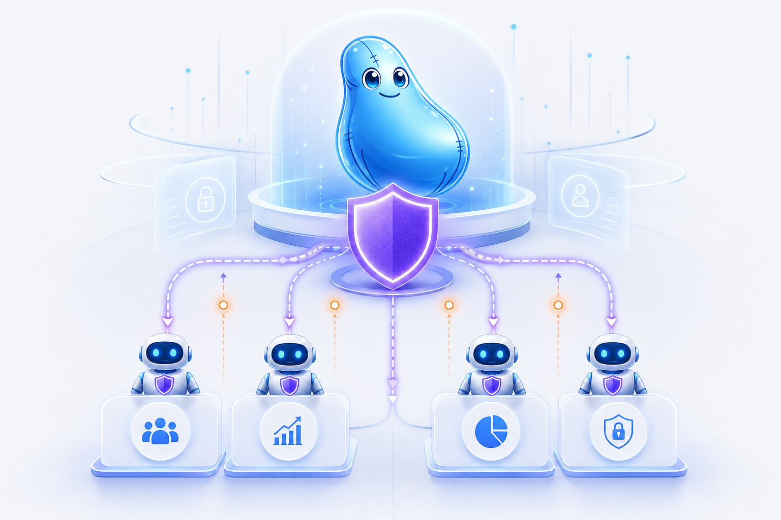 Policy-Watcher: das searchit-AI-Maskottchen wacht über vier Rollen-Agenten (HR, Vertrieb, Finanzen, IT-Security), die DSGVO-Policies durchsetzen.