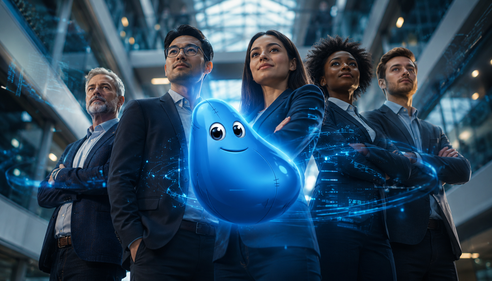 searchit Team als Helden-Ensemble mit dem searchit-AI-Maskottchen