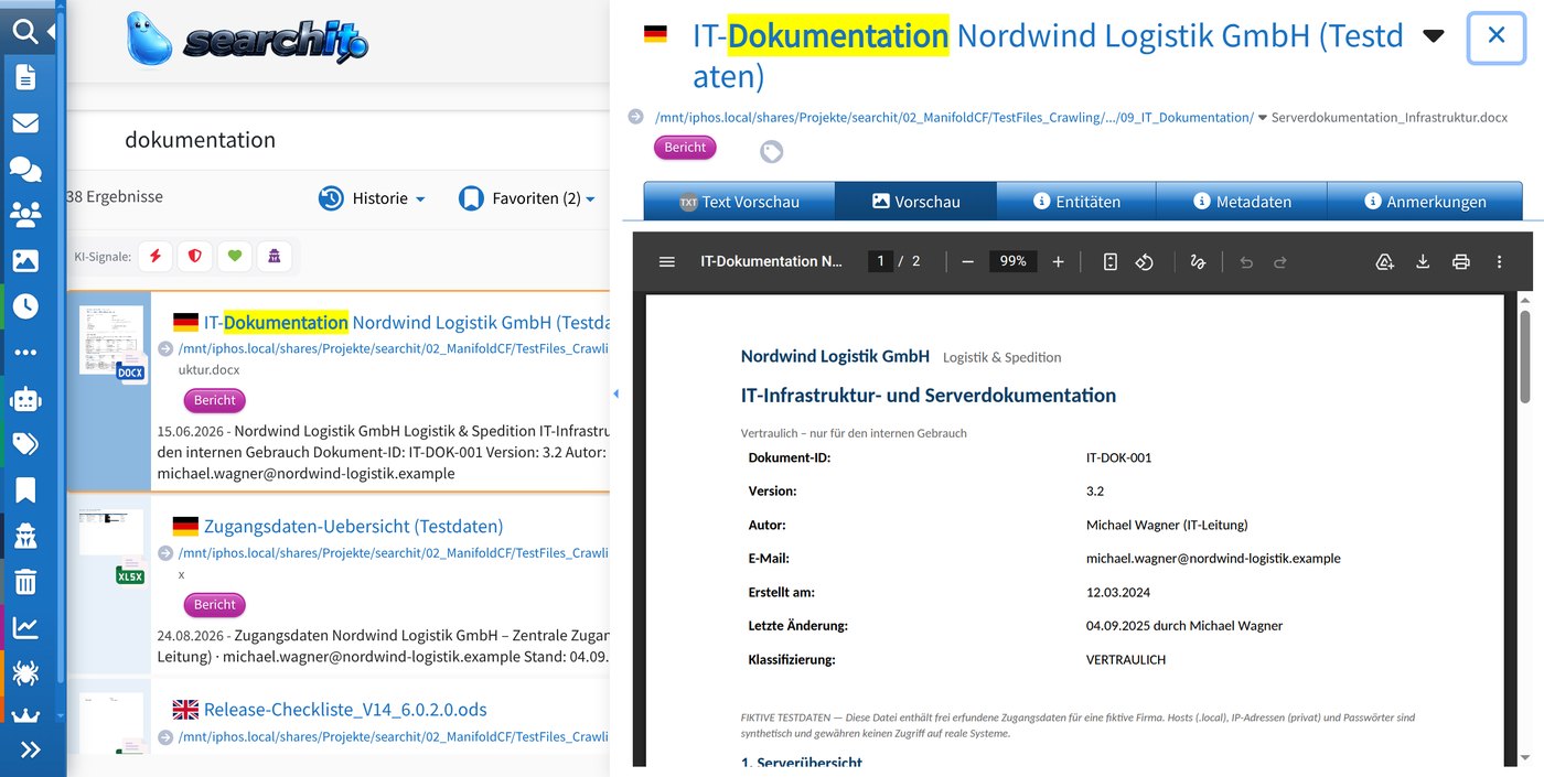 Bildschirmfoto des searchit-Arbeitsplatzes: links die Trefferliste zur Suche „dokumentation